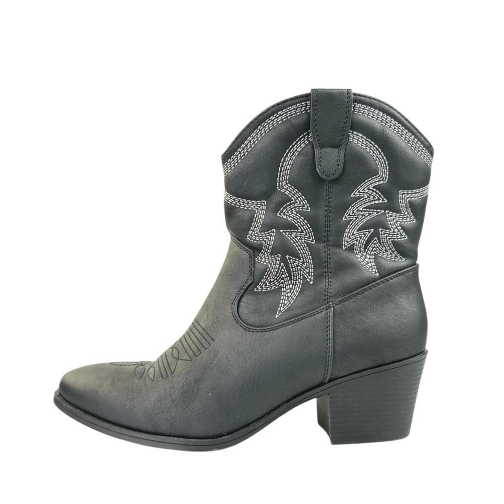 Global Win Black Faux Leather Stitch Embroidered Mid Calf Western Cowboy Boots 8
